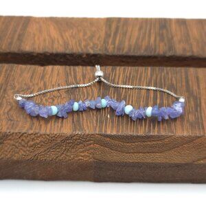 7 Inch 925 Sterling Silver Purple Blue Stone Chips Adjustable Bracelet A146